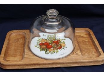 Goodwood Teak Cheese Board With Ceramic Floral Disc & Heavy Glass Dome. Made In Japan 1970s