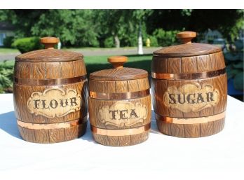 Vintage MCM Treasure-craft Ceramic Cannisters With Copper Bands (set Of 3)