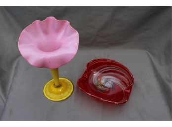 2 Gorgeous Hand-blown Glass Flower Vase And Red Candy Dish