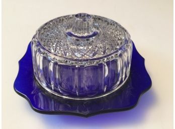 Cobalt And Clear Glass Vintage Butter Dish