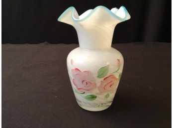 Vintage Fenton Optic Swirl Aqua Crest Hand Painted Roses