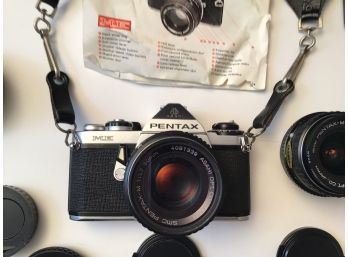 Vintage Pentax ME 35mm Camera With Flash And Lenses