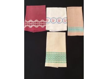 Lot Of 4 Hand Embroidered Tea Towels Vintage Linens