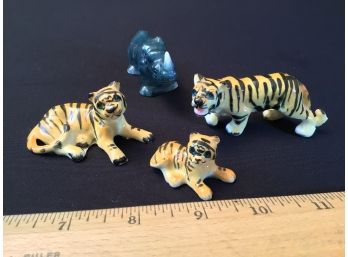 Vintage Bone China Tiger Family Figurines Plus Bonus Rhinoceros