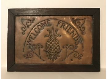 **Antique Copper Handcrafted Punched/Perforated Pineapple 'Welcome Friends' Sign