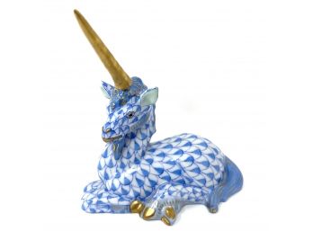 Herend Lying Unicorn Blue - 24k Gold Accents Hand-painted From Hungary