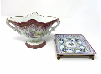 Limoges France Double Handled Urn Dish  And Porcelaines Avignon Porcelain Trinket Tray