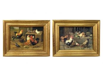 Pair Of Small Rooster Oil Paintings