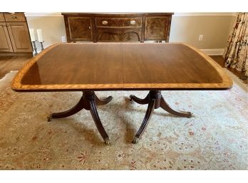 Henredon Traditional Georgian Style Mahogany Inlay Double Pedestal Dining Table With Leaf Extensions