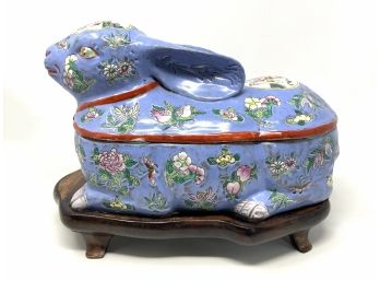 Beautiful Vintage Handpainted Chinese Porcelain Large Rabbit Box On Stand