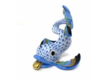 Herend Dophin With Tail Up Blue - 24k Gold Accents Hand-Painted From Hungary