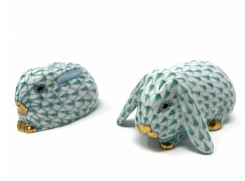 Herend Lop Ear Bunny Green And Lying Bunny Greeen -24k Gold Accents Hand-Painted From Hungary