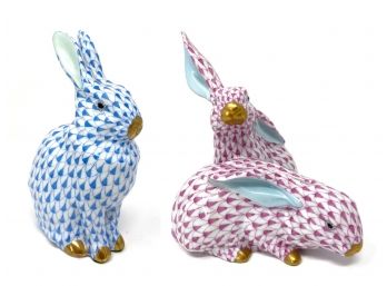 Herend 'Sitting Bunny' And 'Pair Of Rabbits Ear Up' 24k Gold Accents Hand-painted Porcelain From Hungary