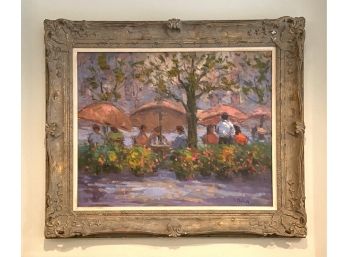 G. Phillips Impressionist Outdoor Cafe Scene Painting In Ornate Frame