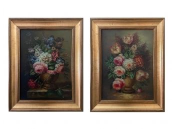 Pair Of T. Cole Floral Still-life Paintings In Gilt Frames