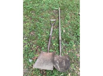 Two Antique Garden Shovels - One Flat Edge One Round Edge