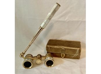 Nice Pair Of Opera Glasses Brass With Mother Of Pearl With Case