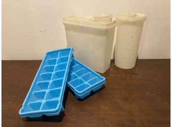 Two Tupperware Cereal Containers And Two Ice Cube Trays