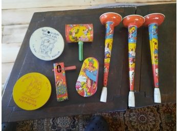 Lot Of 8 Vintage 1950's Tin Litho Noise Makers In Good Working Condition.