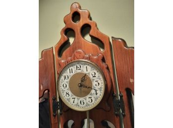 Vintage Folk Art Home Made Wooden Folding Clock With Mirrors & Pendulum