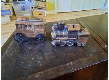 Vintage 2-piece Lot Of Bronze Promotional Banks  Popcorn Wagon Berkshire Bank, And Casey Jones See Description