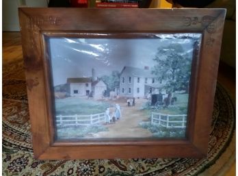 Beautiful 21 1/2' X 17 1/2' Framed Print Of Amish Farmhouse With Etched Wood Frame - New Sealed In Plastic