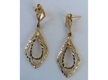 Beautiful 14k Yellow Gold Etched Diamond Shaped Teardrop Cutout Dangle Post Pierced Earrings