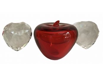 Vintage Art Glass Apple And Two Crystal Heart Paperweights