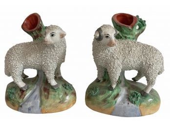 Pair Of Antique Staffordshire Sheep Candle Holders