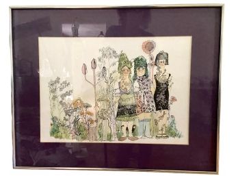 Signed Vintage Pen And Ink  Drawing - 'Bramble People' By Marge Wansky Moore