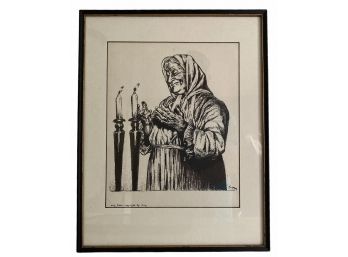 Lithograph Of Woman & Shabbat Candles