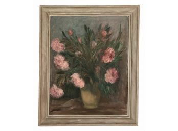 Signed Vintage Oil On Canvas Painting Of Pink Roses By Krupka 32' X 39.5'