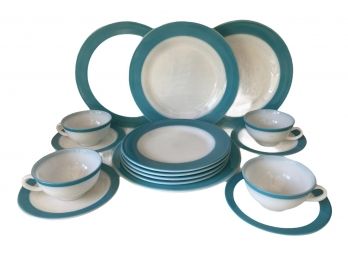 Vintage Pyrex Dinnerware With Blue Rims  -Service For Four