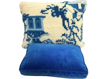 Pair Of Vintage Rectangular Blue Velvet Pillows One Hand Hooked With Owl Design