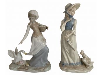 Pair Of Porcelain Figurines - Two Girls With Geese