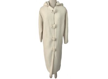 Vintage Floor Length Off White Wool Coat With Hood - Made In Greece