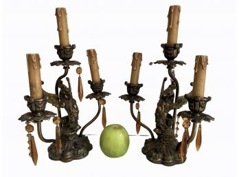 Pair Of Antique Chinese Bronze Dragon Electrified Candelabras