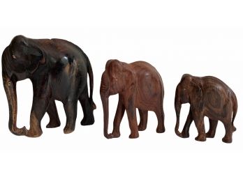 Trio Of Vintage Hand Carved Wood Elephants