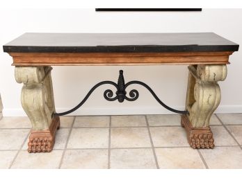 Marble Top Console Table With Stone And Wrought Iron Base And Carved Wood Paw Feet