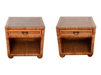 Pair Of Woven Wicker, Rattan And Wood End Tables With Glass Tops