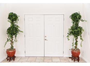 Pair Of Faux English Ivy Topiary Plants With Ceramic Planters On Wooden Stands