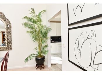 Large Faux Areca Palm Plant In Ceramic Planter On Wooden Stand