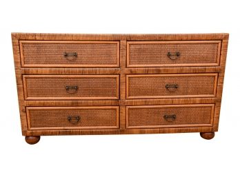 Woven Wicker, Rattan And Wood Six Drawer Dresser