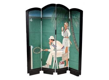 Unique Four Panel Double Sided Folding Screen With Tennis Motif