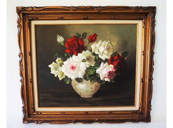 Decoratively Framed Painting Of Flowers, Signed By K. Yoshi