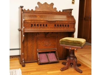 Antique Organ With Olive Green Velvet Stool