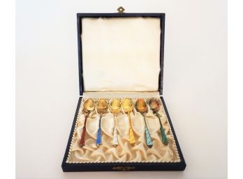Box Of Six Colorful Spoons Marked 'Denmark Sterling'
