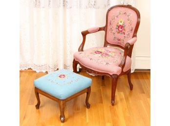 Beautiful Needlepoint Upholstered Chair And Foot Stool