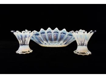 Blue And White Cut Glass Bowl And Candlestick Holders