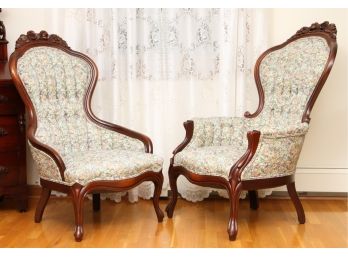 Pair Of Antique Floral Upholstered Chairs With Floral Detail